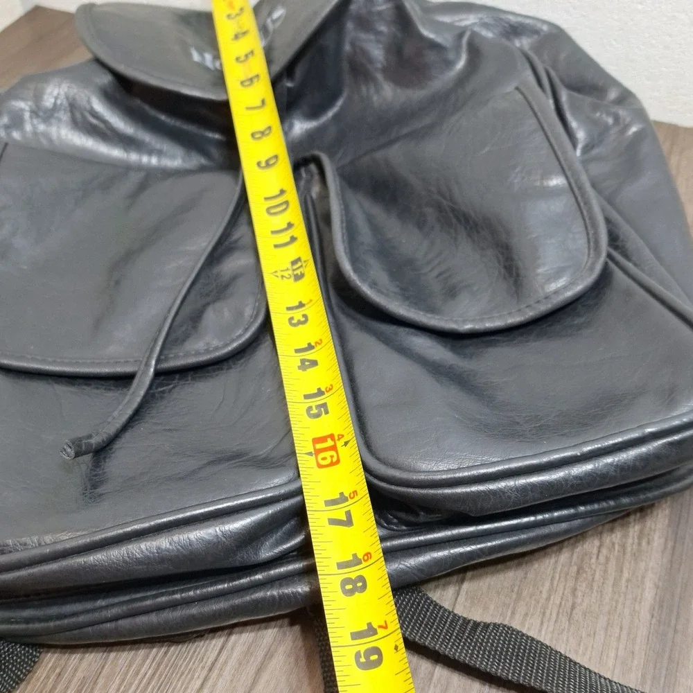 Nexus Backpack Black Faux Leather Vintage Drawstring Flap Pockets Large Size